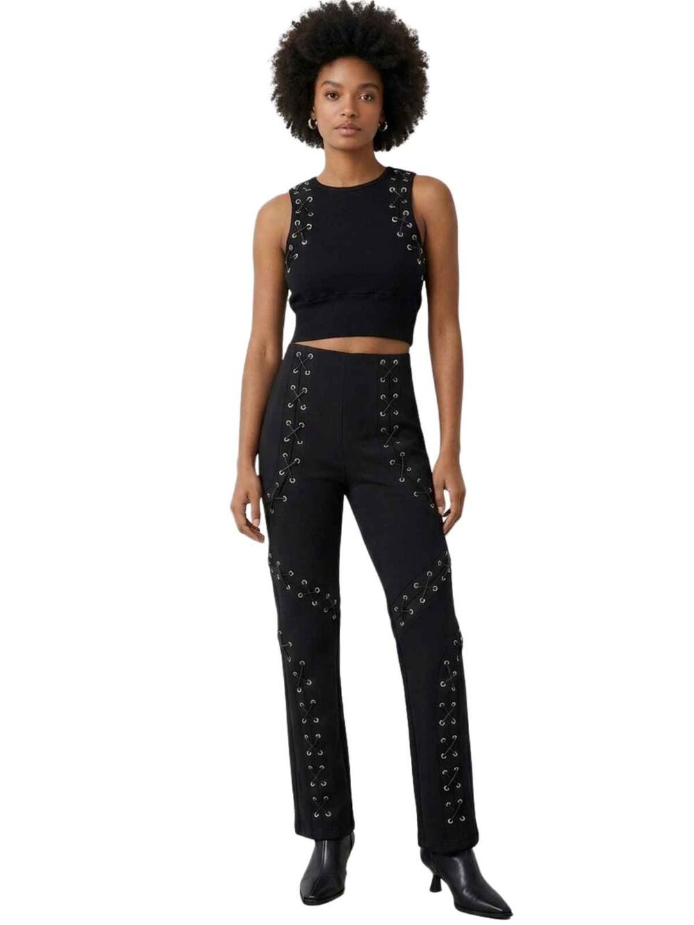 Manière De Voir Cotton Blend Eyelet Cropped Top Pants Set Black Women's Size 2